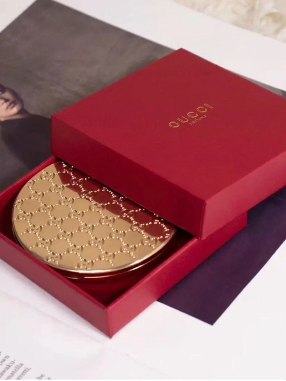 Gucci Gold Embossed Compact Mirror in Red Box